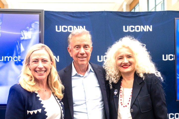 From left, Yale President Maurie McInnis, Connecticut Governor Ned Lamont and UConn President Radenka Maric pose for a photo during a press conference announcing the National Science Foundation Regional Innovation Engines award granted to Connecticut at UConn Hartford on Wednesday, July 15, 2026.